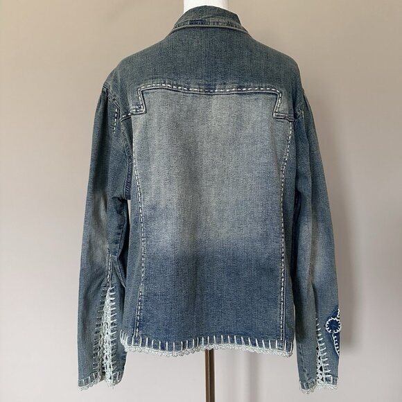 Y2K 90s VTG Demin Jacket Women 1X Crochet Embroidered Hippie Crest Jeans Western - Picture 7 of 13